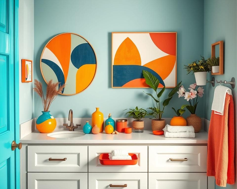 Dekoideen für farbenfrohe Badezimmeraccessoires und Kunst im Badezimmer