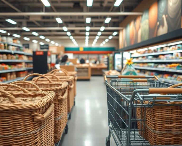 Wofür nutzt man Körbe im Kassenbereich?